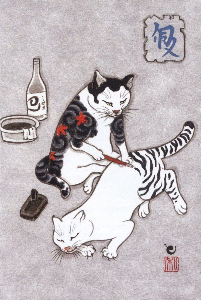 japanese-tattoo-paintings-monmon-cats-kazuaki-horitomo-1
