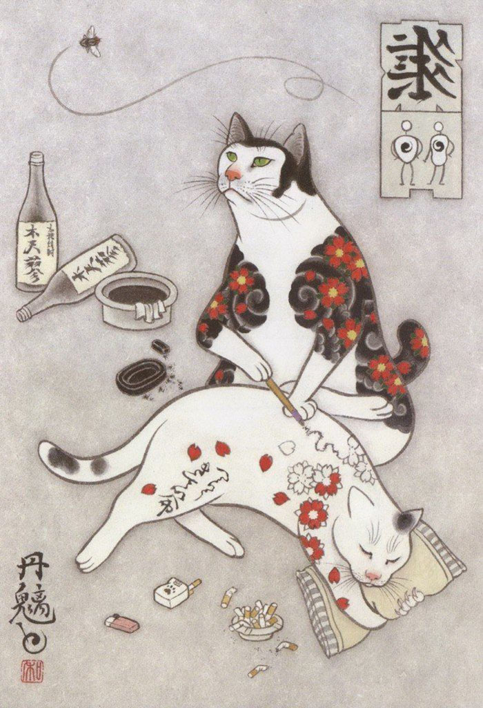 japanese-tattoo-paintings-monmon-cats-kazuaki-horitomo-2